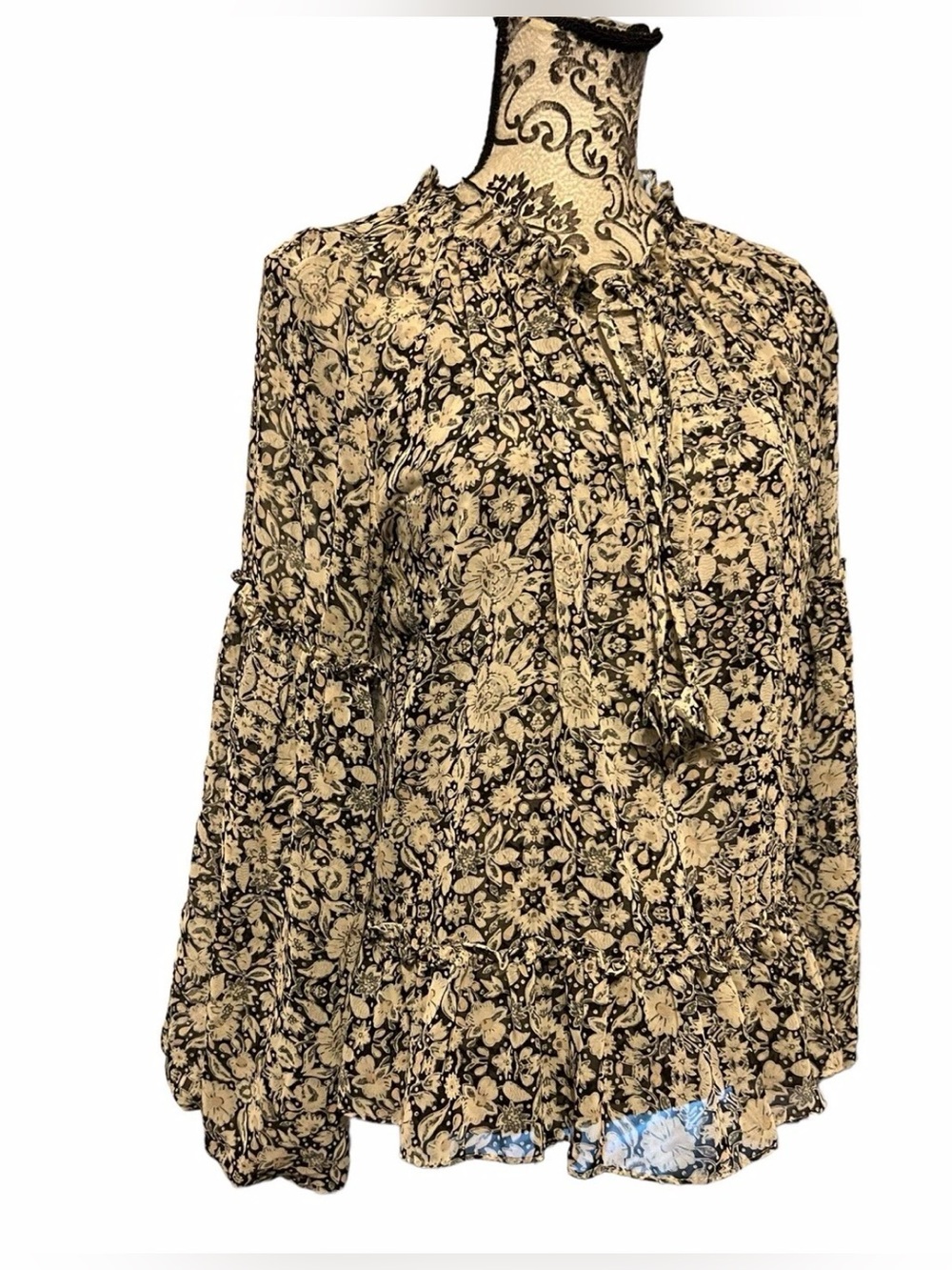 Misa Los Angeles Floral Sheer Blouse Balloon Sleeve in Cream and Black XS